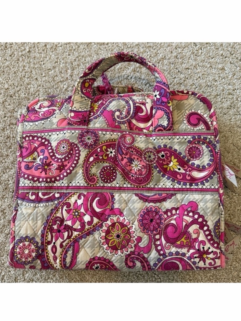 Vera Bradley Pink Paisley Meets Plaid Makeup Bag Hanging Travel Handle Quilted